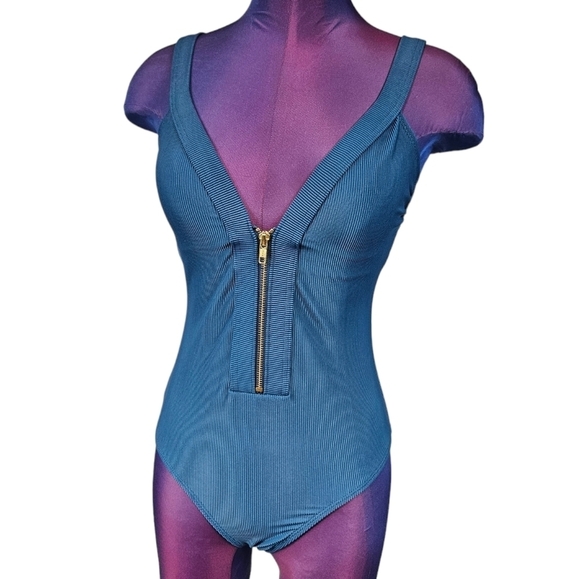 Kona Sol Dark Teal Ribbed Front Zipper One Piece Swimsuit Size Small Women's‎ - Picture 1 of 10